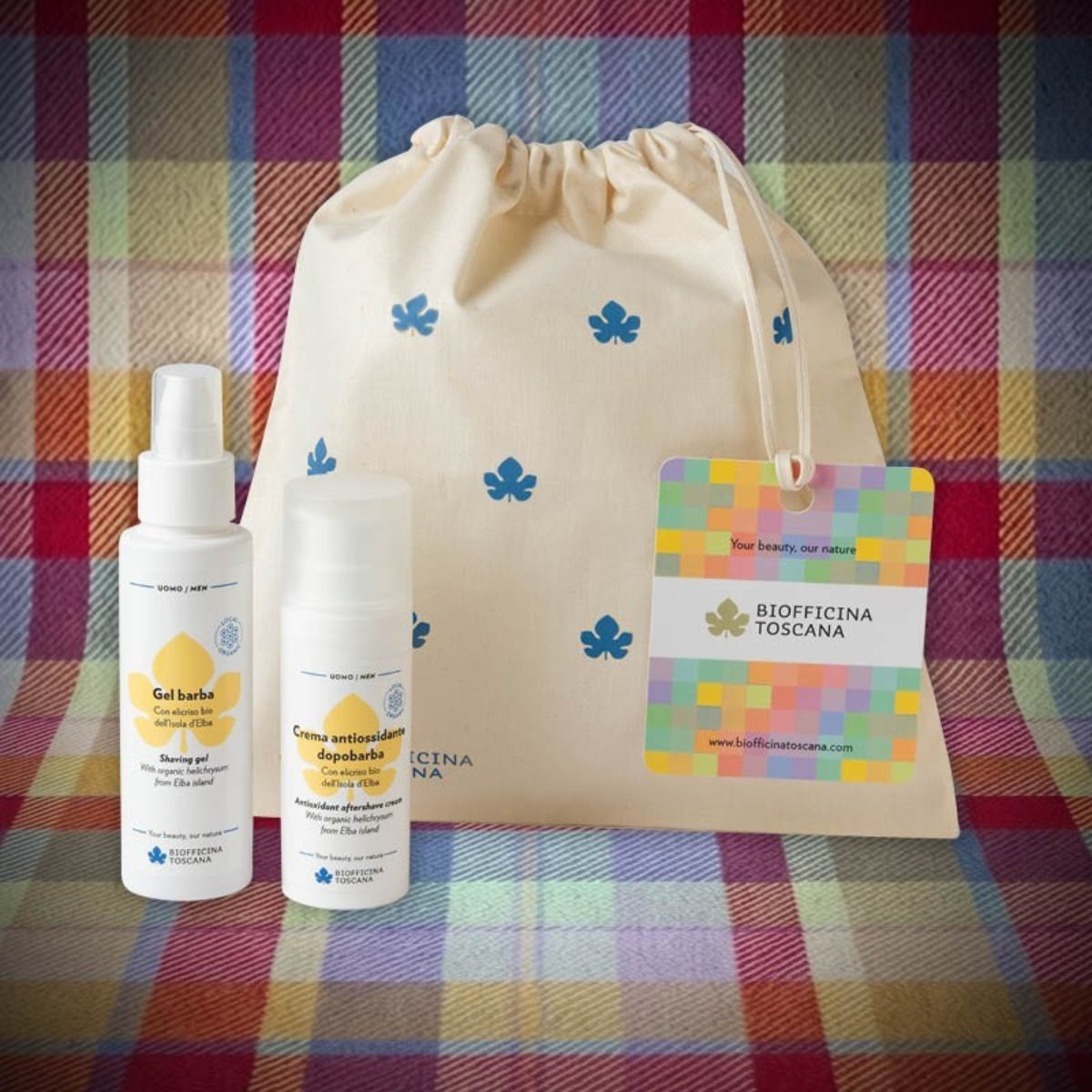 Kit Uomo Rasatura Biofficina Toscana – confezione regalo con Gel Barba 100 ml, Crema Antiossidante Dopobarba 50 ml e sacchetto in cotone.