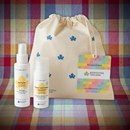 Kit Uomo Rasatura Biofficina Toscana – confezione regalo con Gel Barba 100 ml, Crema Antiossidante Dopobarba 50 ml e sacchetto in cotone.