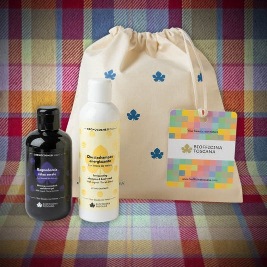 Kit Cronocosmesi Day&Night Biofficina Toscana – confezione regalo con docciashampoo energizzante al limone e bagnodoccia relax serale alla lavanda da 200 ml.