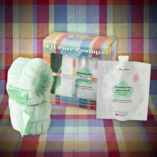 Kit Pure Routine Biofficina Toscana – confezione regalo natalizia con Maschera Viso Sebo Control da 30 g e coppia di polsini verdi per la skincare.