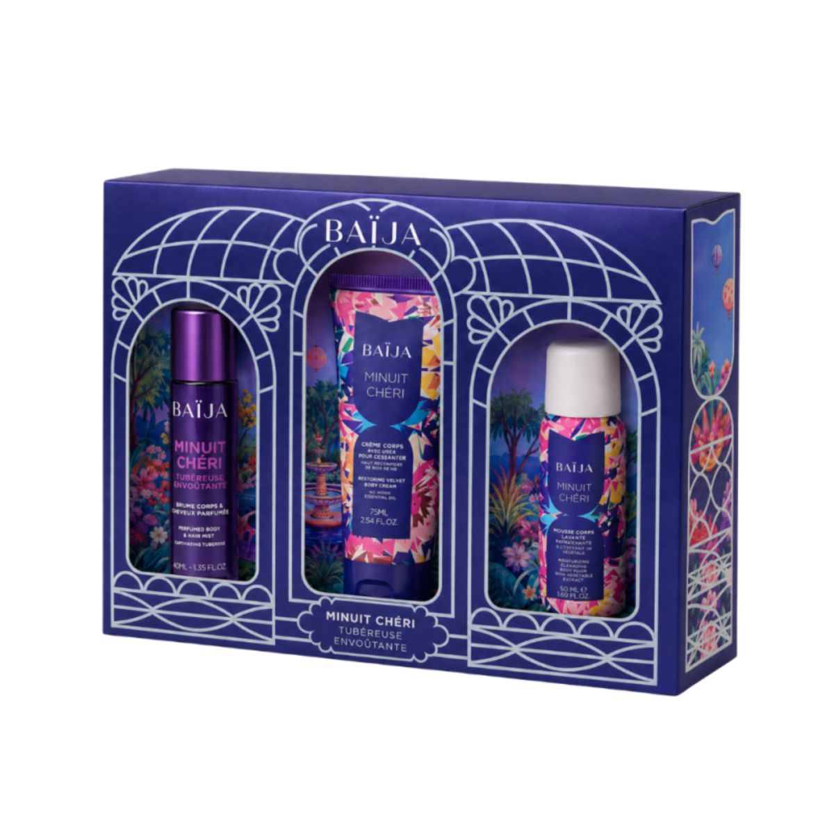 Cofanetto regalo Natale Baïja Minuit Chéri con mousse doccia 50 ml, crema corpo 75 ml e acqua profumata 40 ml.