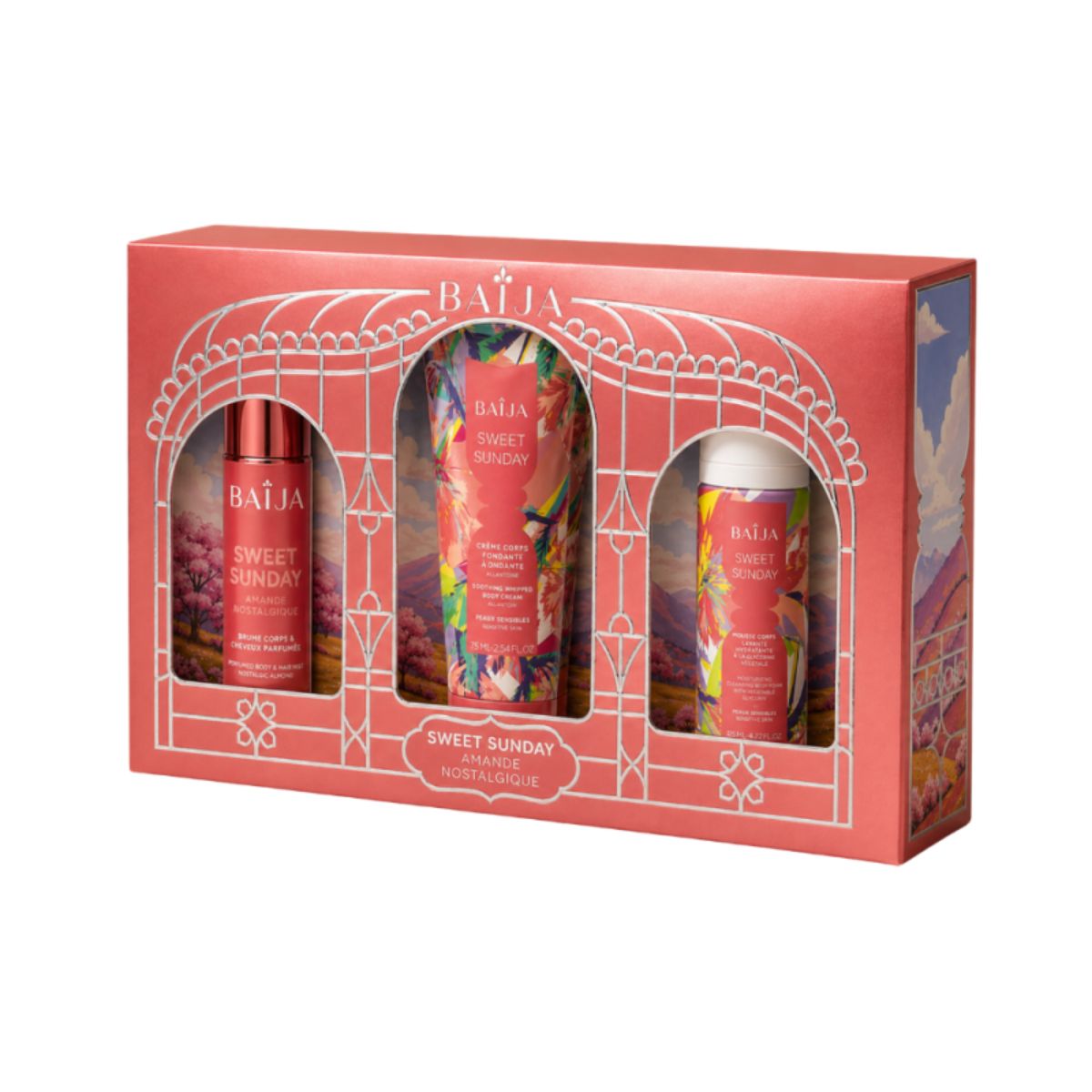Cofanetto regalo Natale Sweet Sunday di Baïja con mousse doccia, crema corpo e acqua profumata alla mandorla. Una routine corpo dolce e avvolgente.