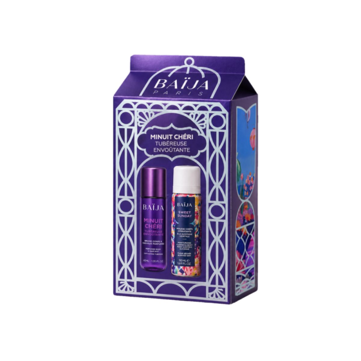 Cofanetto regalo Natale Baïja Secret Santa Minuit Chéri viola con mousse doccia 50 ml e Hair & Body Mist 40 ml.